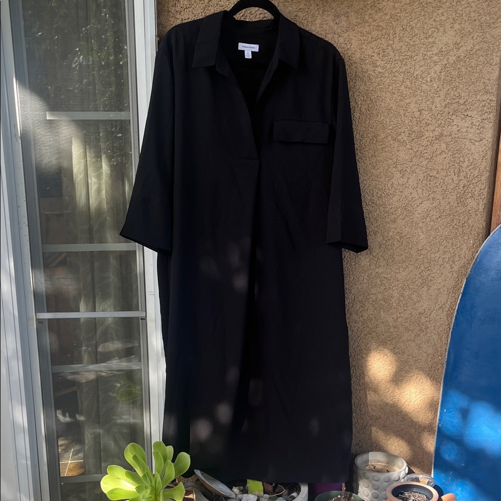 Nordstrom Classic Black Shirt dress, pockets with mini side slits at bottom.